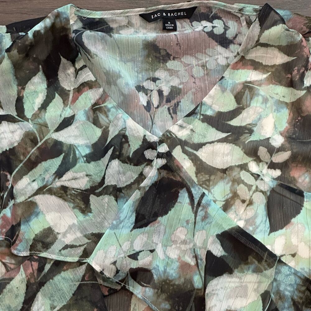 Zac & Rachel Sheer Floral Ruffle Blouse Dusty Olive Multi  Size Small NWT - Picture 3 of 11